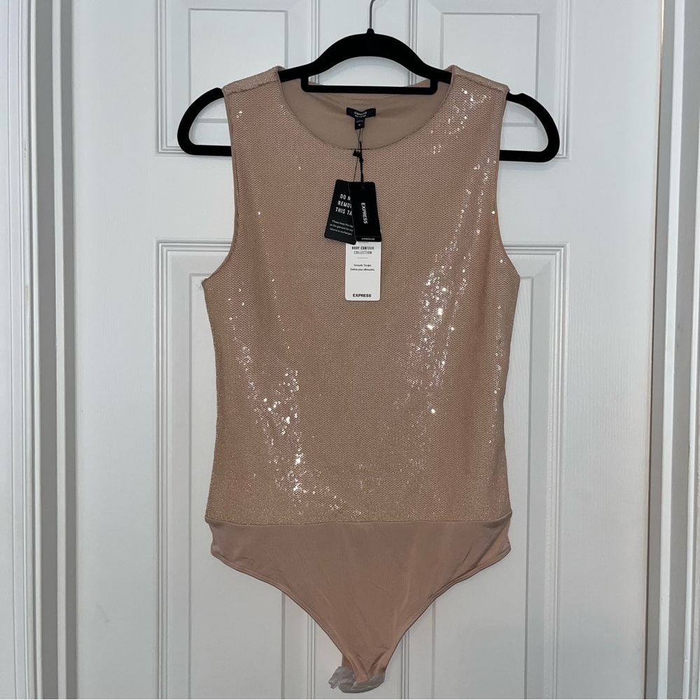 Express Body Contour Sleeveless sequin neutral bodysuit size medium nwt